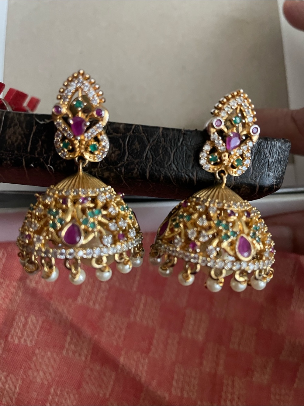 Gold-Tone Purple & Green Jhumka Earrings with Pearls